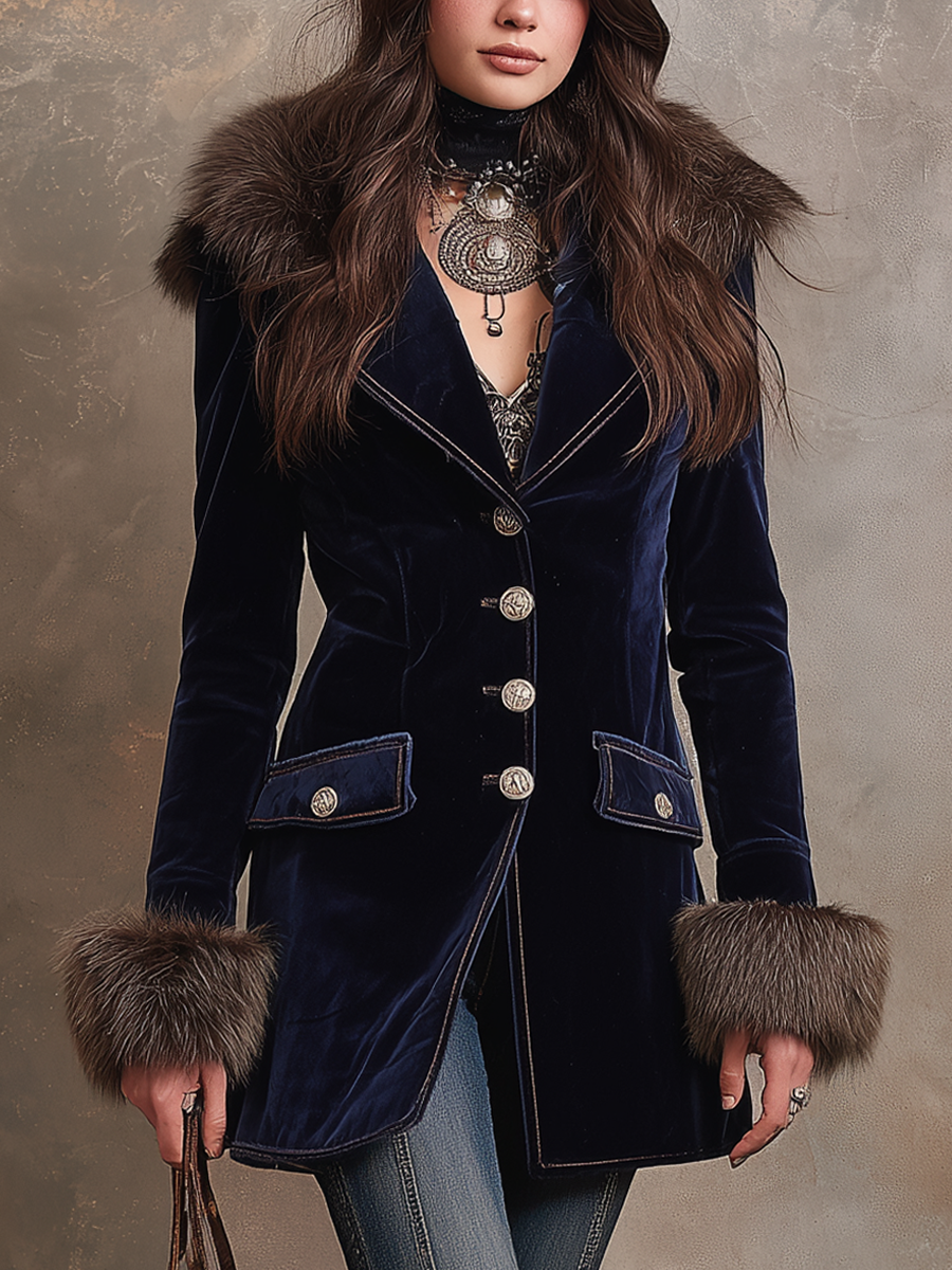 Vintage Faux Fur Collar Polyester Velvet Jacket