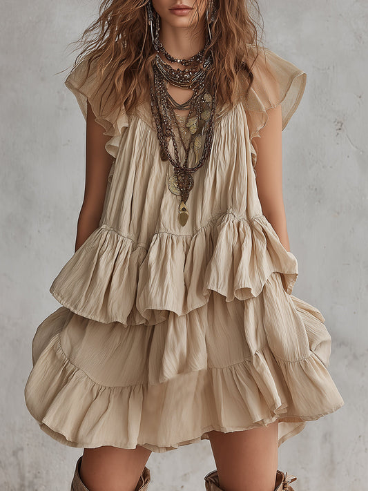 Bohemian Style Chiffon Patchwork Multi-layered Ruffle Mini Dress