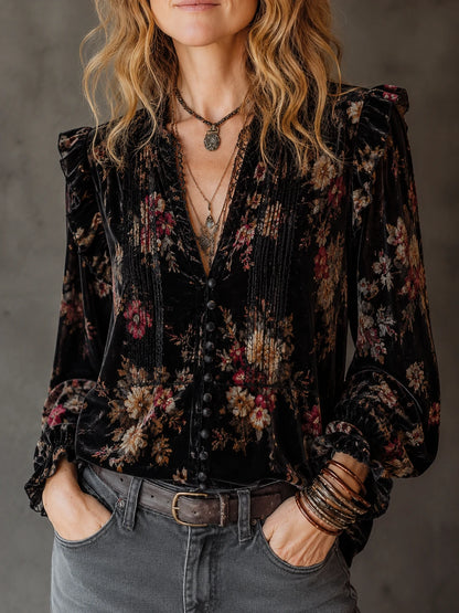 Black Velvet Floral Deep-V Pintuck Blouse