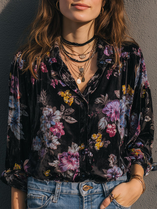 Retro Gold Velvet Printed Long Sleeve Blouse