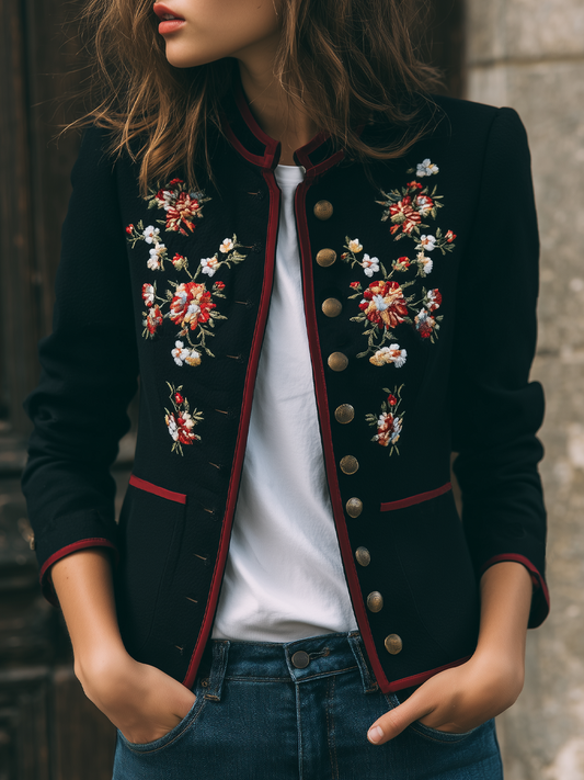 Retro Contrasting Trim Embroidered Jacket