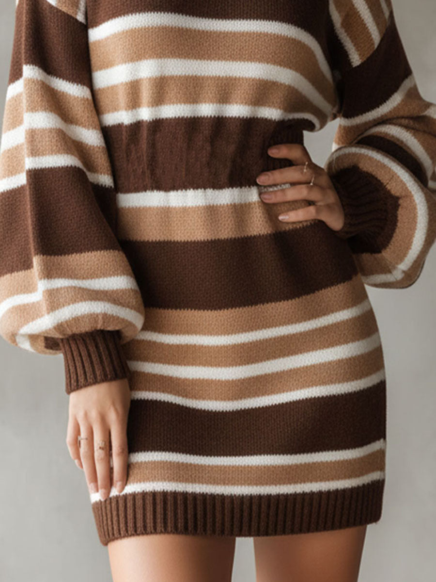 Chic Striped Knit Turtleneck Sweater Dress With Balloon Sleeves