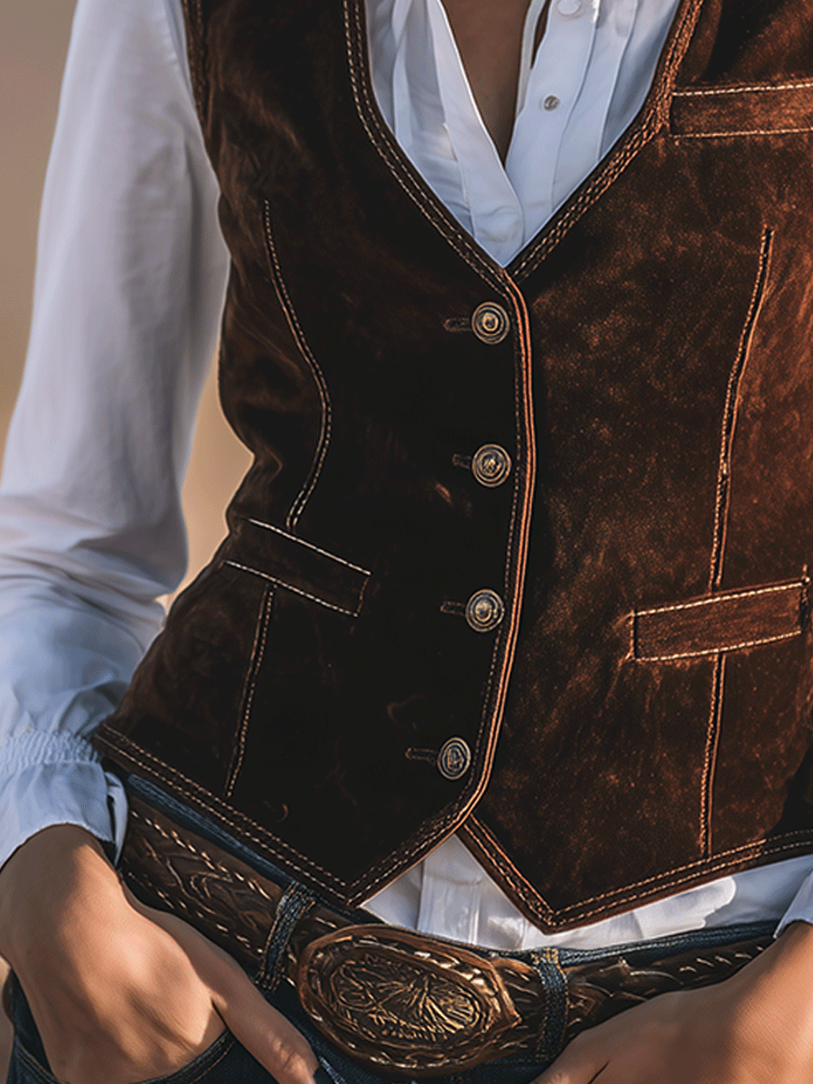 Country Western Cowboy Brown Slim Fit Faux Suede Vest