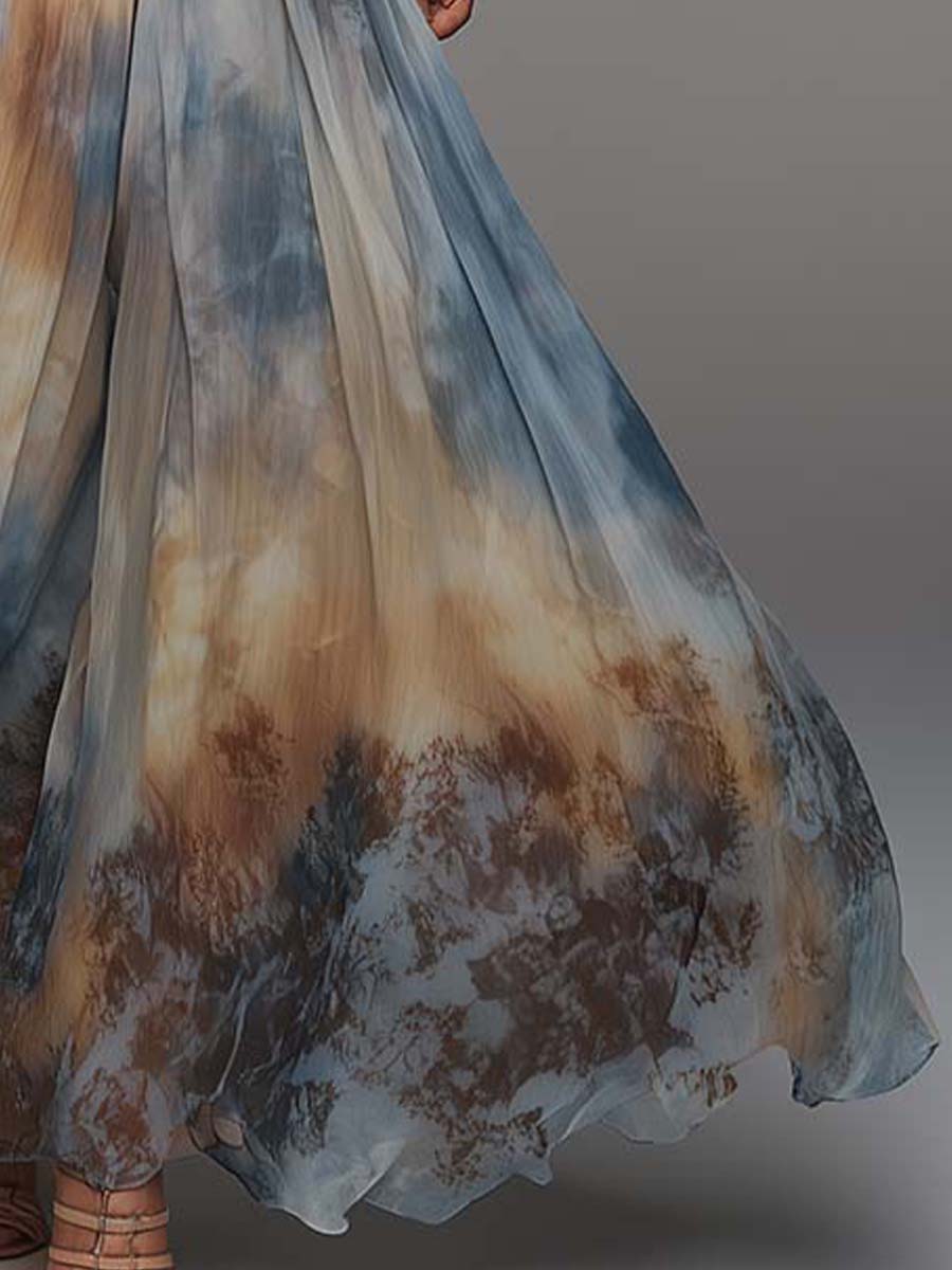 Vintage Tie-Dye Print Balloon Sleeves Flowy Maxi Dress