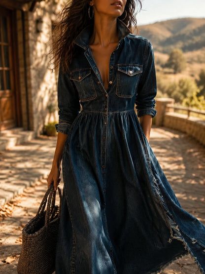 Stylish Stand Collar Washed Raw Hem Maxi Dress