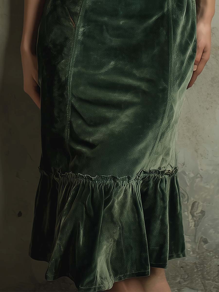 Vintage Green Velvet Leopard Patchwork Midi Dress