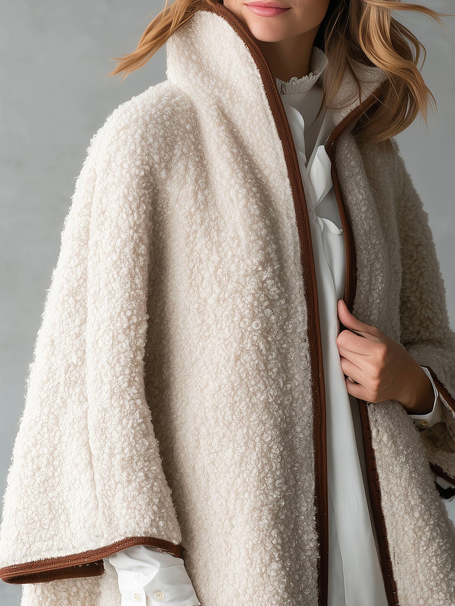 Cozy Ivory Teddy Shearling Cape With Contrast Trim