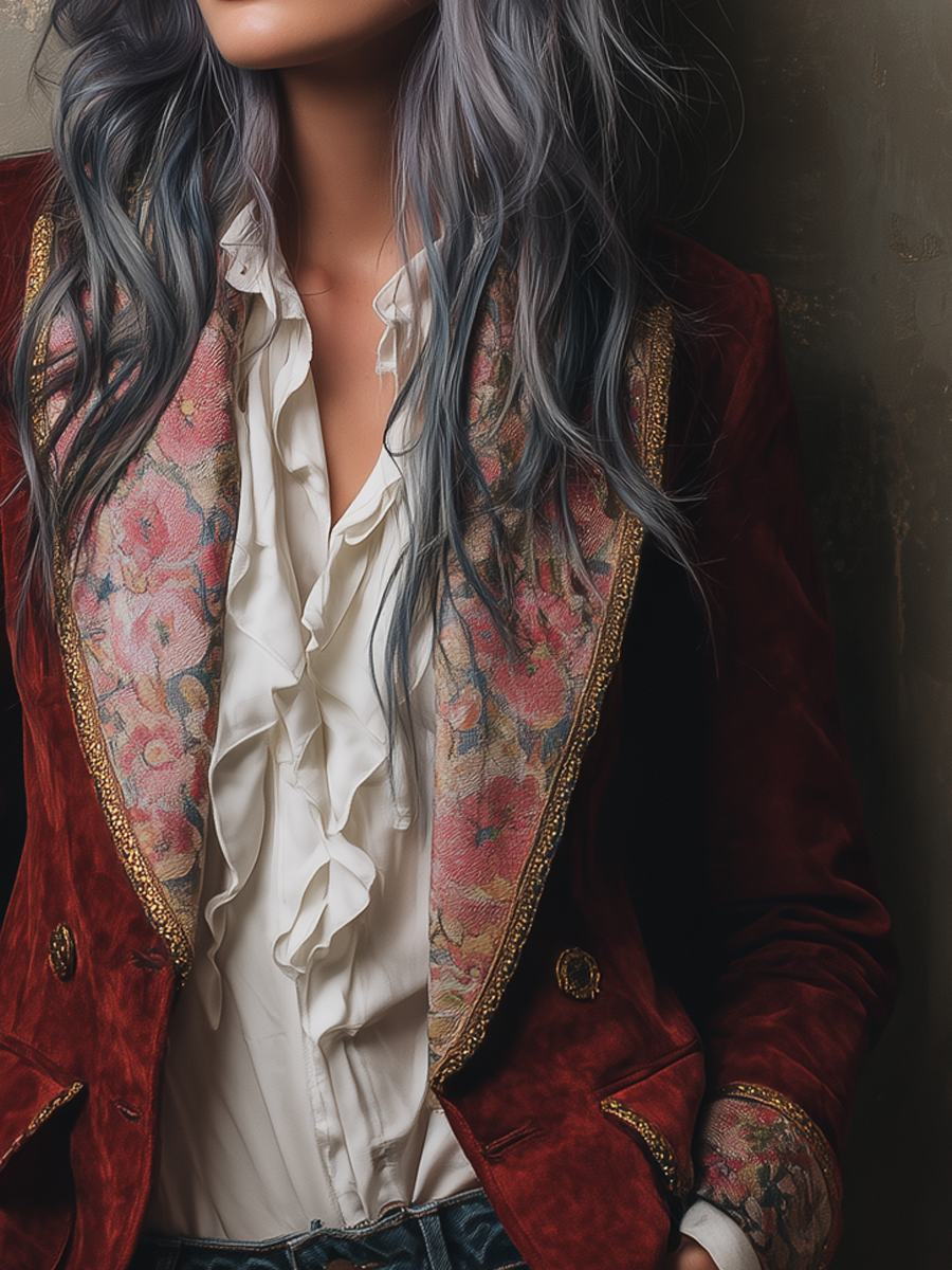 Vintage Floral Print Gold Trim Polyester Suede Blazer