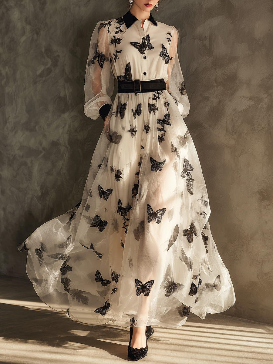 Retro Elegant Butterfly Chiffon Vacation Maxi Dress