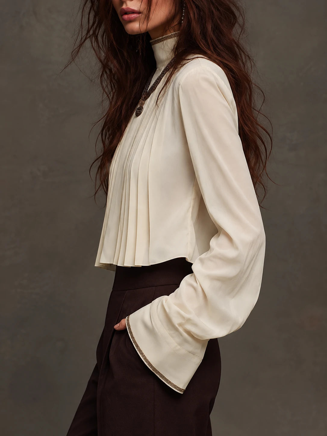 Pleated Front Blouse With Ribbon-Trimmed Collar And Cuffs