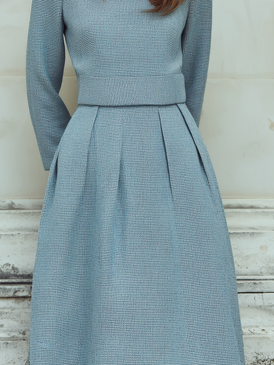 Vintage Tweed Long-Sleeved Midi Dress