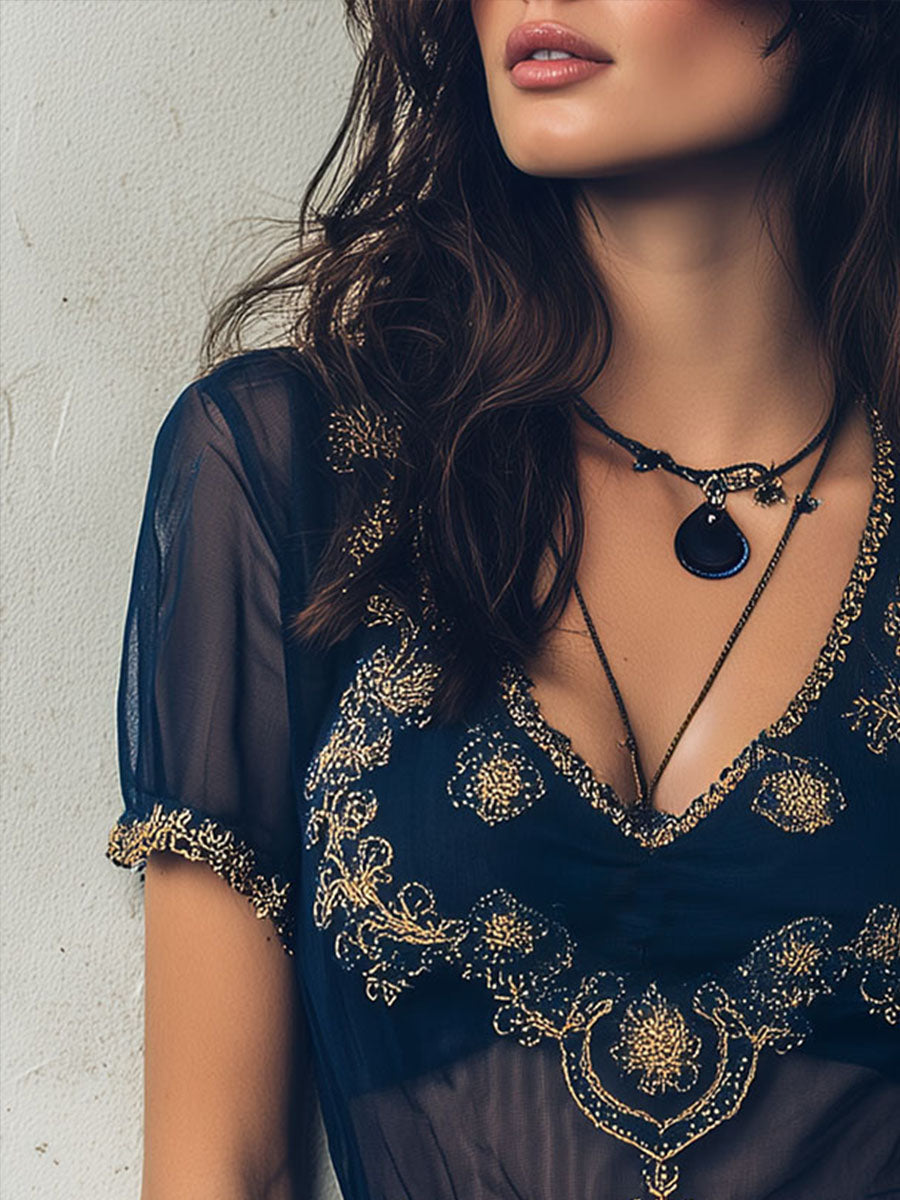 Navy Baroque Embroidered Sheer Short Sleeve Blouse