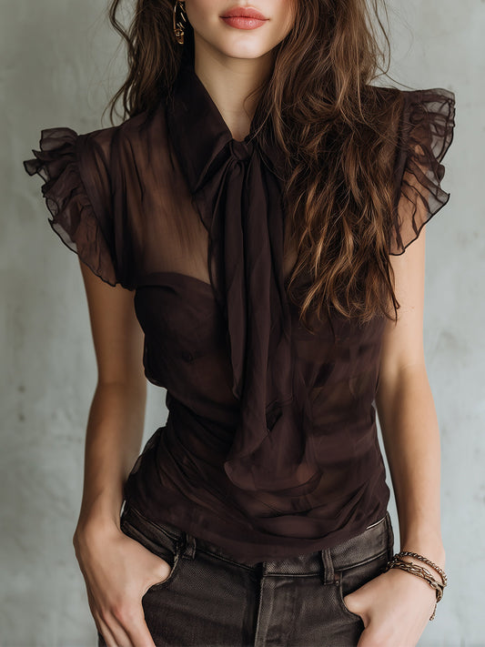 Vintage Blouse With Tie-neck And Ruffled Chiffon Details