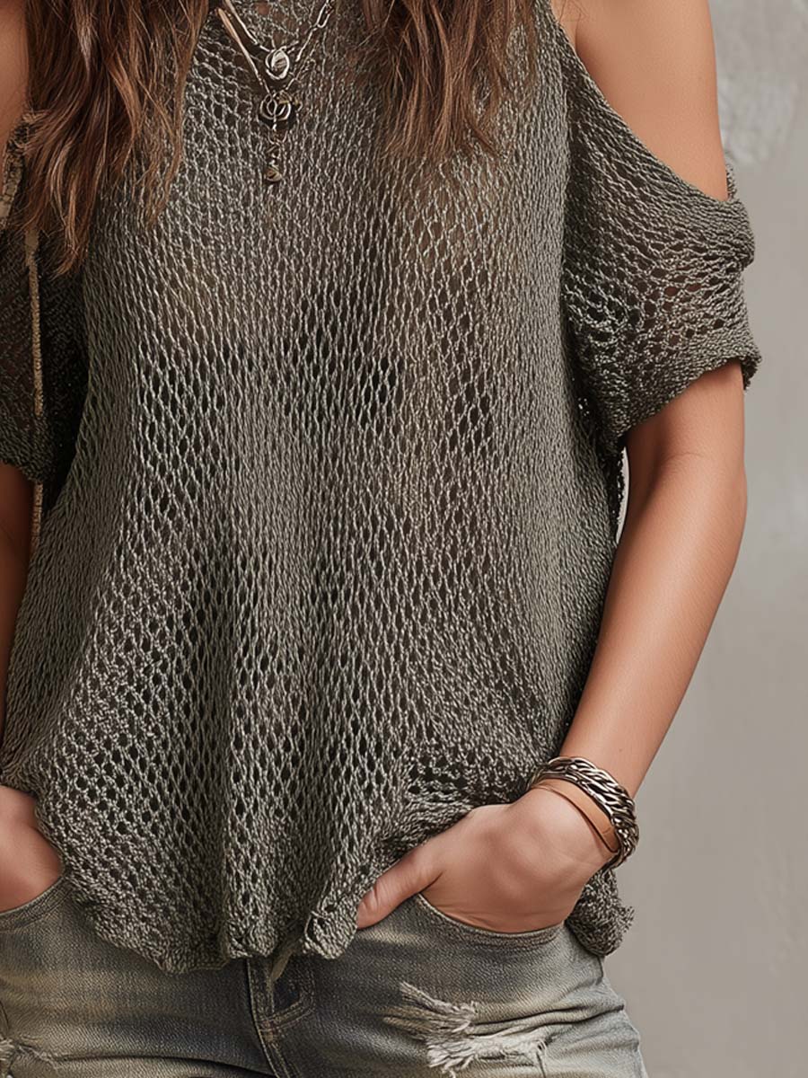 Retro Cold-Shoulder Knit Blouse