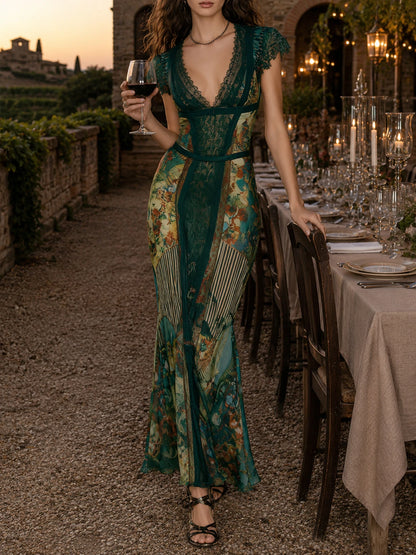 Boho Print Lace Trim Ethnic Print Maxi Dress