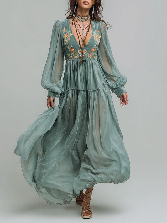 Retro Embroidered Chiffon Lantern Sleeve Maxi Dress