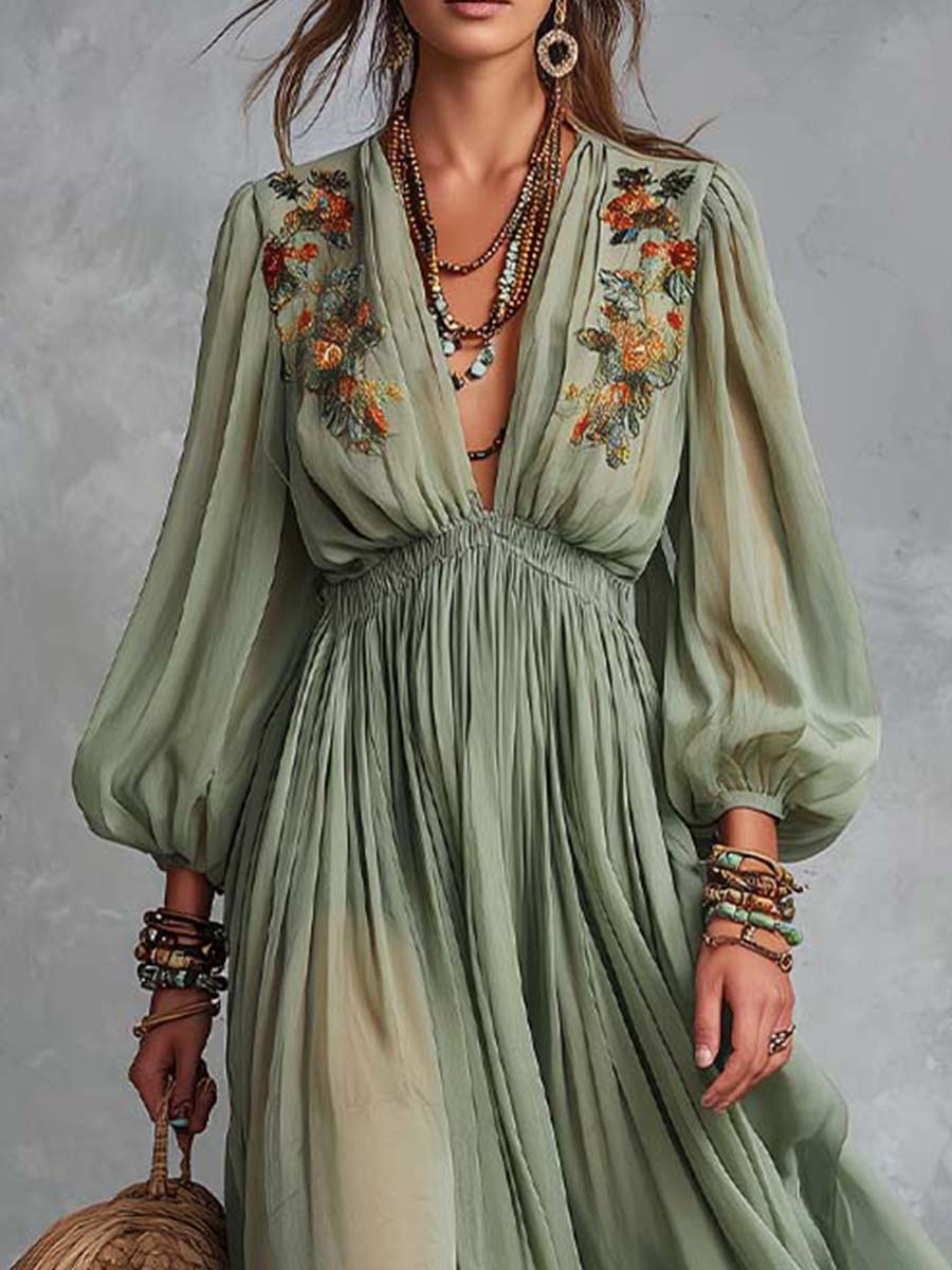 Boho-Vintage Elegant Embroidered Chiffon Maxi Dress