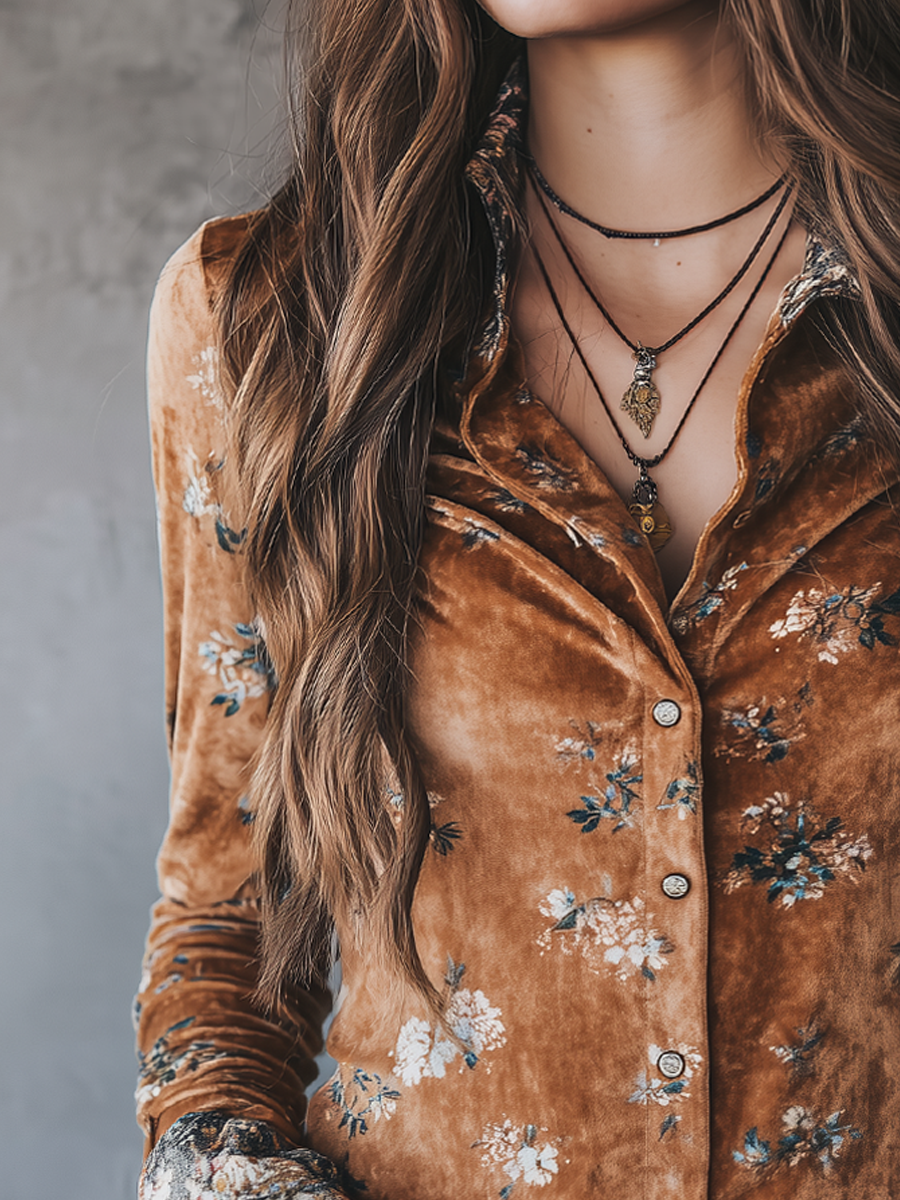 Vintage Floral Velvet Long-Sleeved Blouse