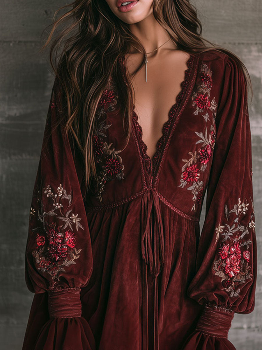 Boho Lace-Trim Wine Microsuede Embroidered Mini Dress