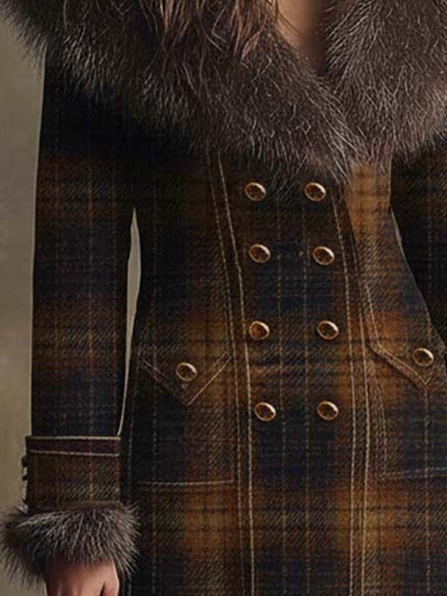 Vintage Plaid Wool-Blend Coat With Detachable Faux Fur Collar