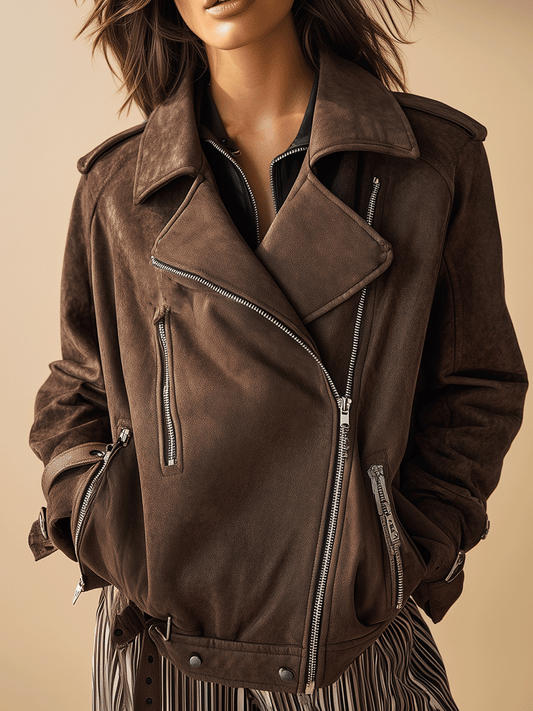 Retro-Style, Loose-Fitting, Soft Brown Suede Jacket