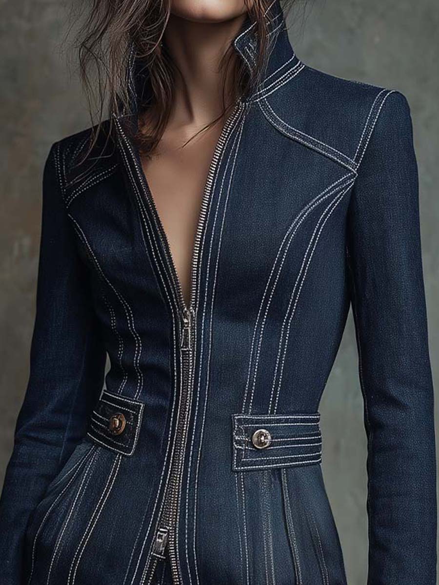 Vintage Wash Denim Long Jacket With Contrast Stitching