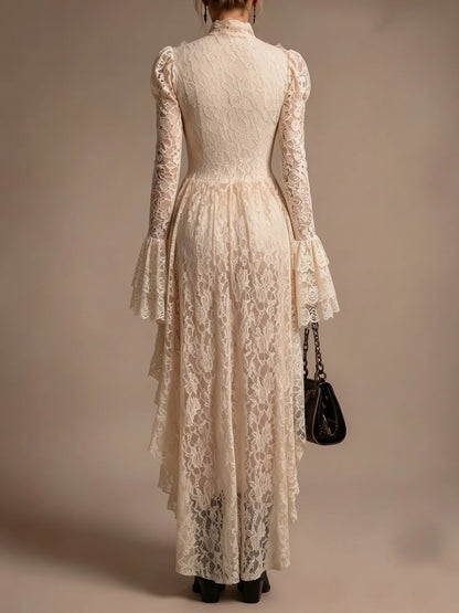Renaissance Floral Lace High-Low Dress with Bell Sleeves