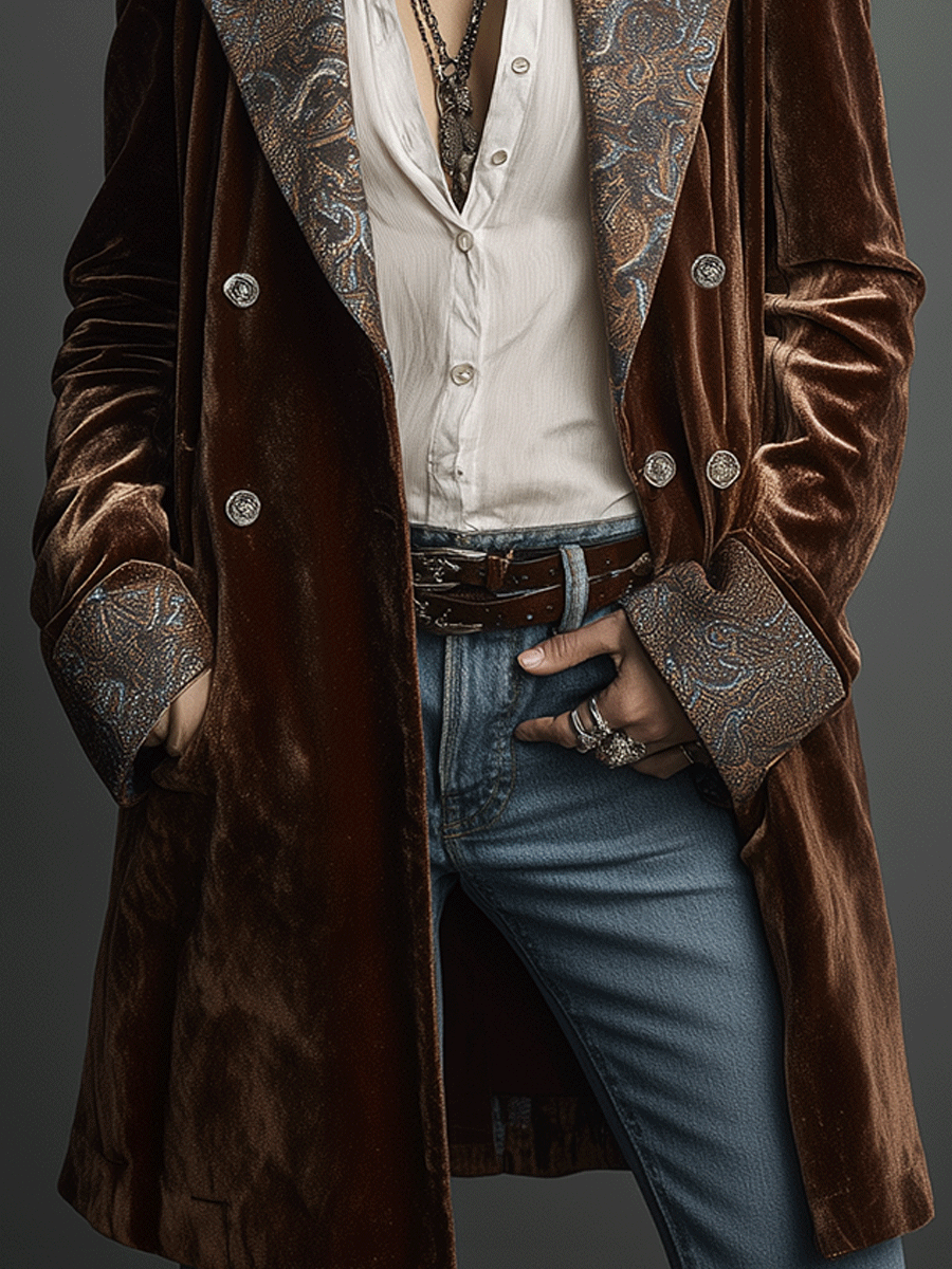 Bohe Chestnut Printed Velvet Long Coat