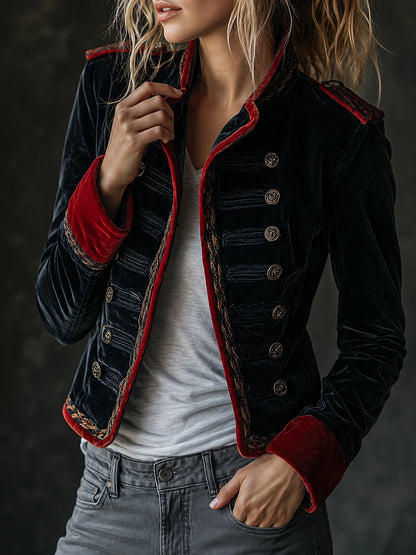 Retro Chic Velvet Military Style Double-Breasted Jacket