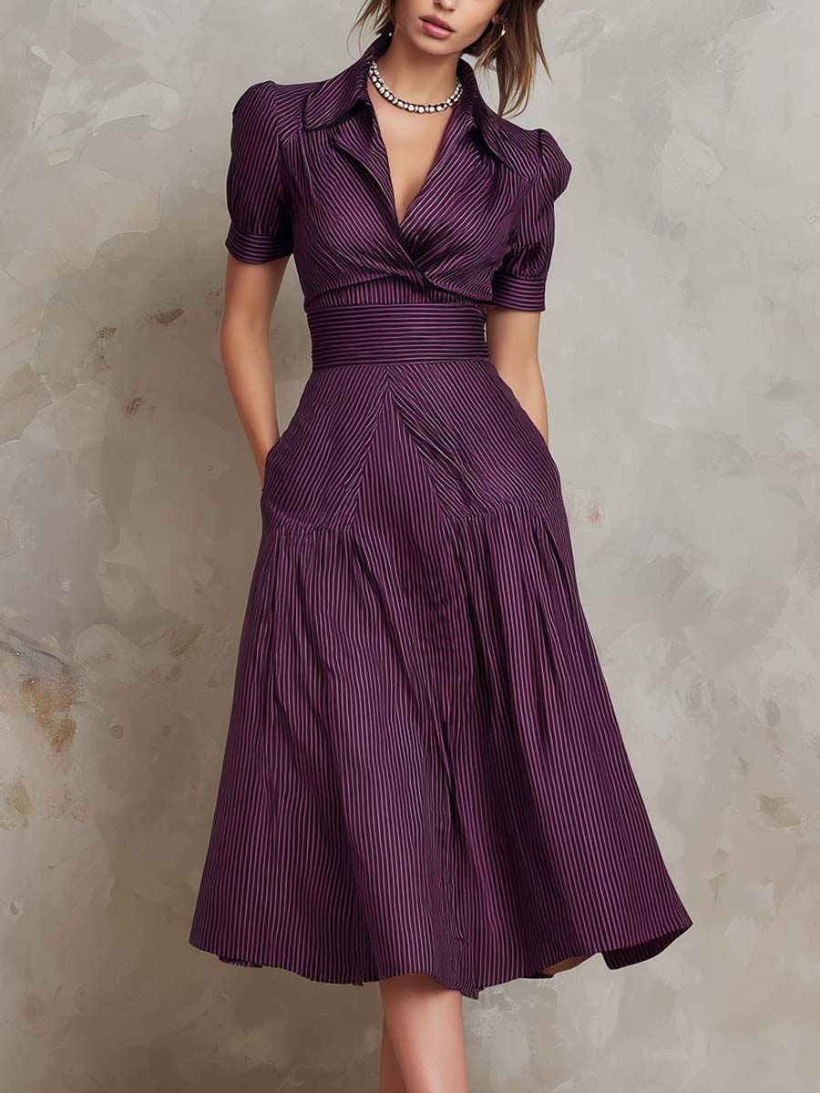 Retro Striped Matte Polyester Satin Midi Dress
