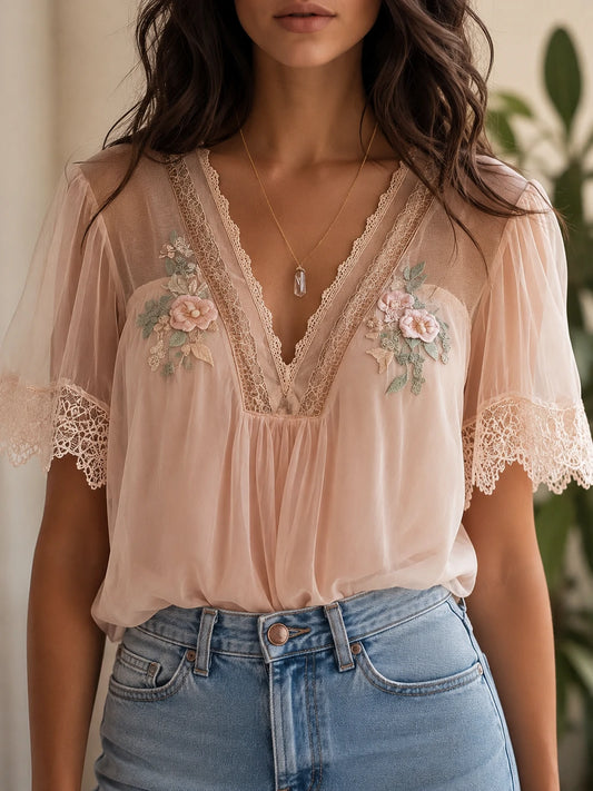 Boho Delicate Floral Embroidered Chiffon Blouse