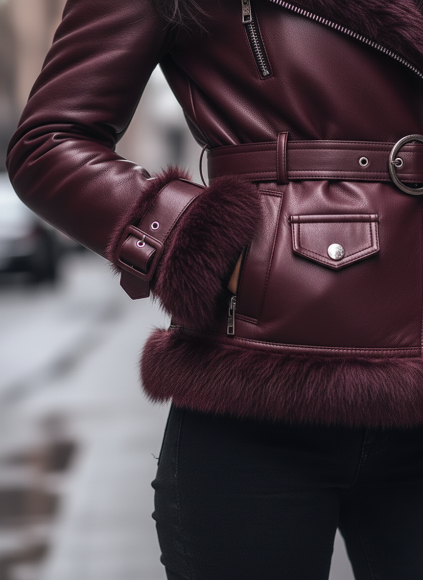Regal Plum Shearling-Lined Moto Jacket
