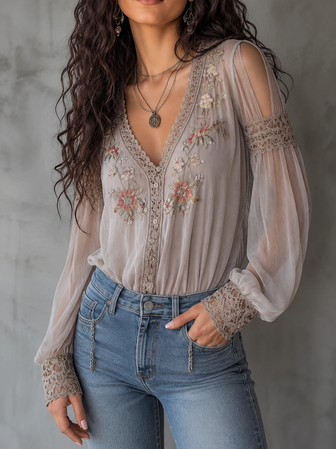 Romantic Floral Embroidered Sheer Blouse With Lace Trim