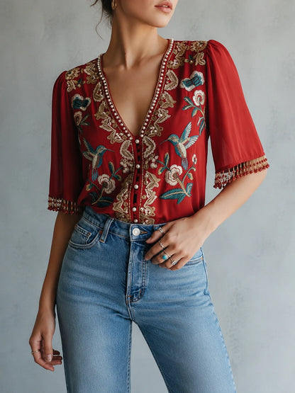 Elegant Embroidered V-Neck Blouse - Hummingbird & Floral Design