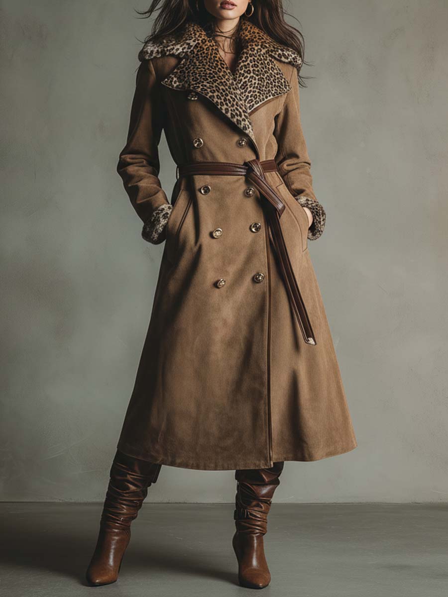 Camel Eco-Suede Trench Coat With Leopard Faux Fur Collar And Printed Lining