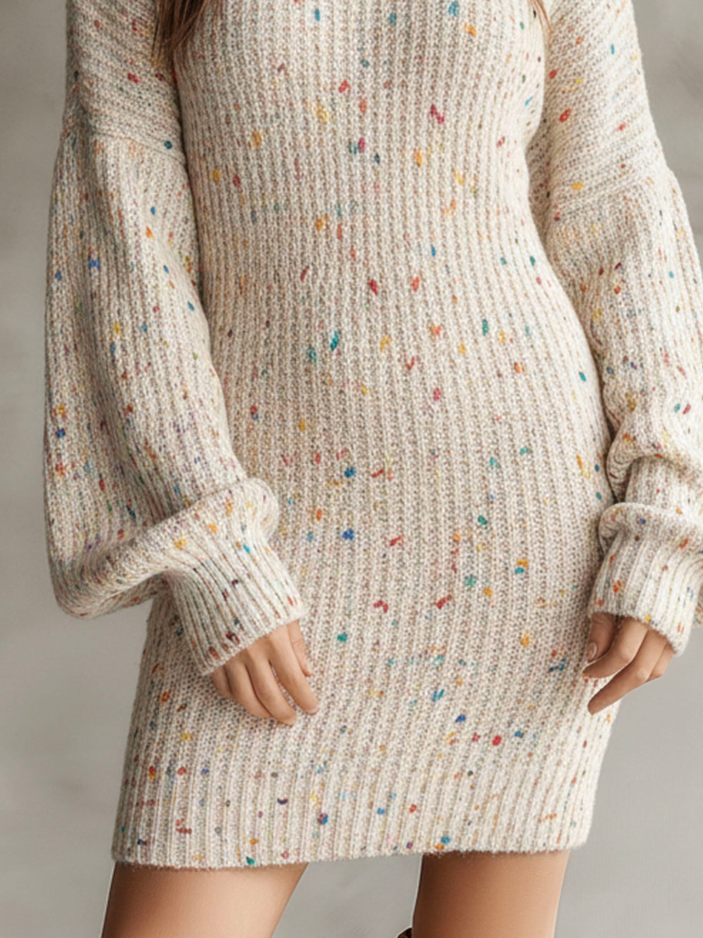 Chic Turtleneck Colorful Speckled Ribbed Knit Sweater Dress