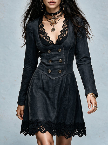 Boho Gothic Coated Black Denim Lace Trim Mini Dress With Gold Buttons