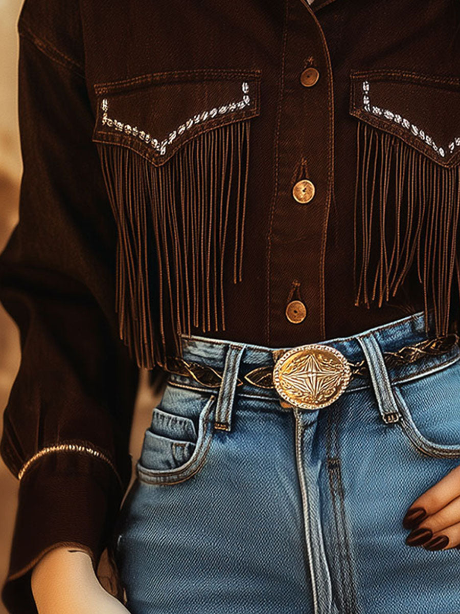 Western Dark Brown Fringe Shirt With Silver Accents