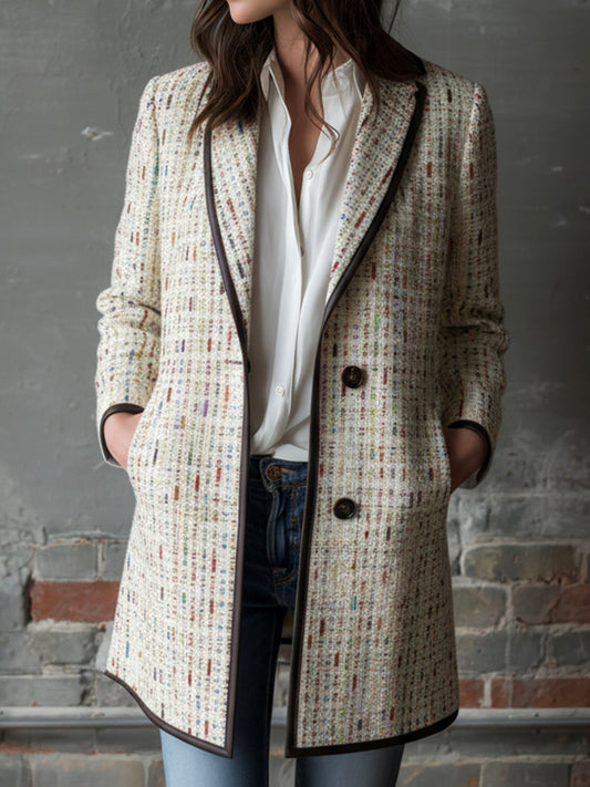 Elegant Cream Multicolor Tweed Structured Long Blazer With Contrast Trim