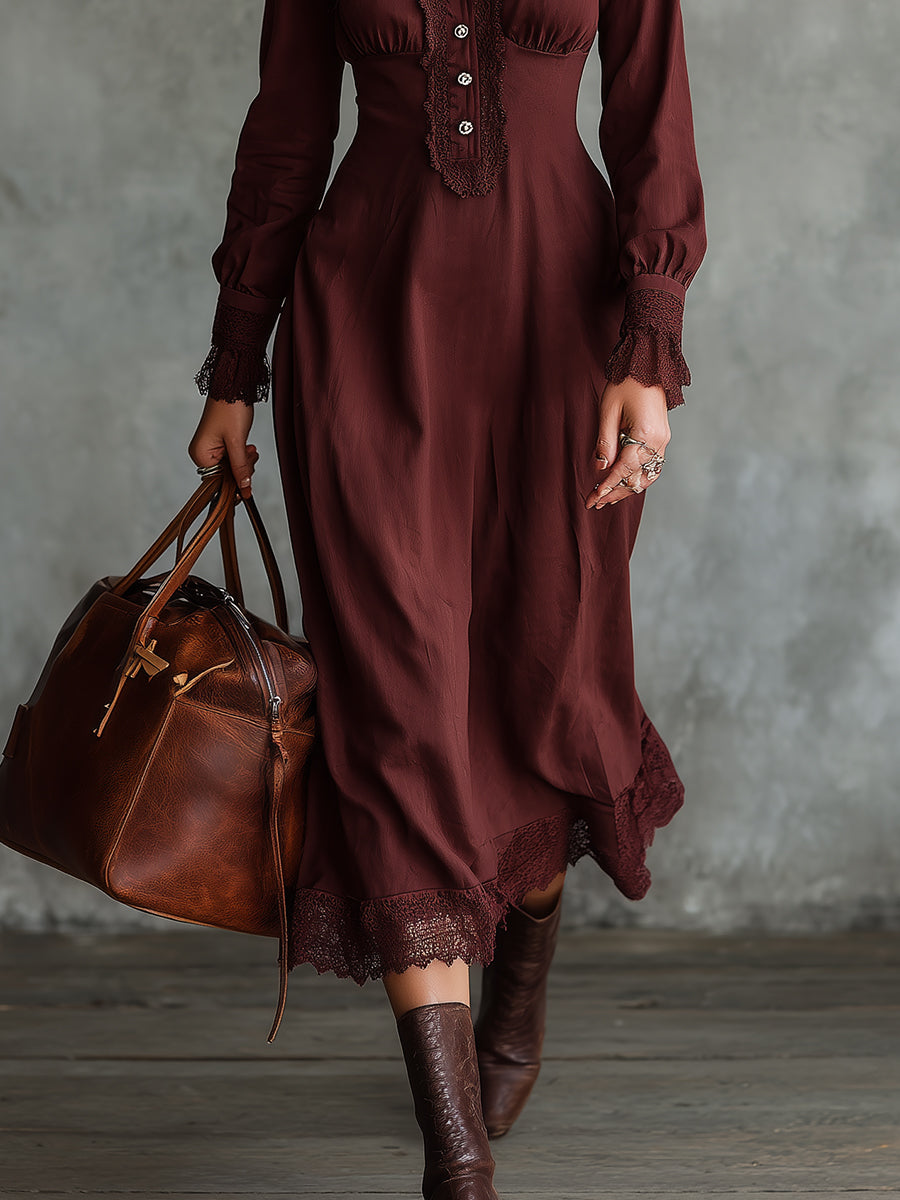 Bohemian Cotton Blend Lace Patchwork Waist Midi Dress