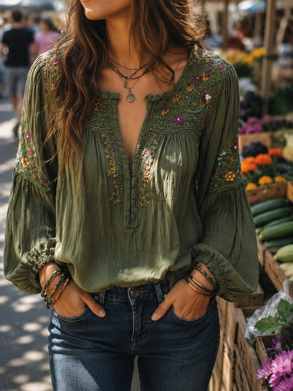 Bohe Floral Embroidered Cotton Olive Green Shirt