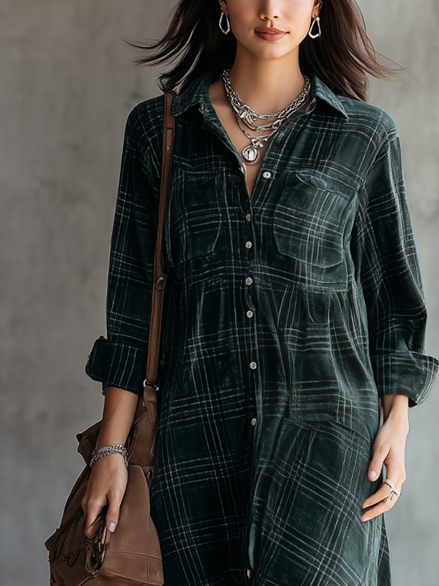 Vintage Polyester Suede Plaid Midi Dress