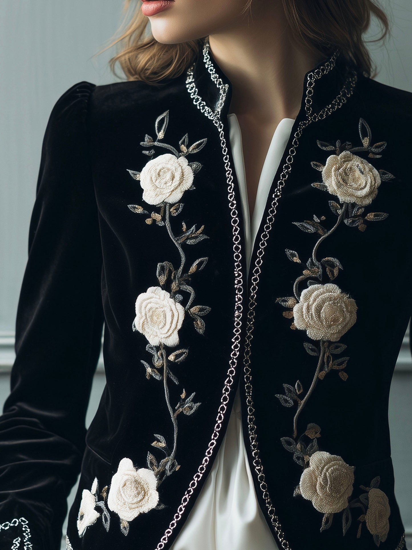 Elegant Black Velvet White Floral Embroidered Blazer