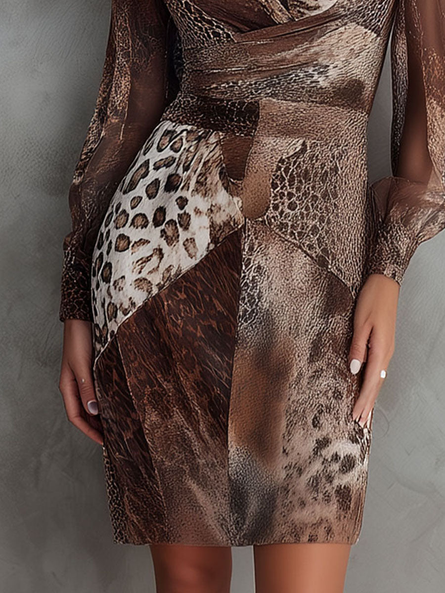Wild Chic Patchwork Animal Print Sheer Long Sleeve Dress