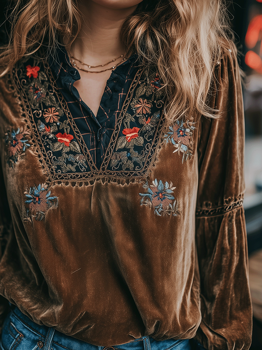 Bohe Brown V-Neck Velvet With Floral Embroidery And Lace Blouse