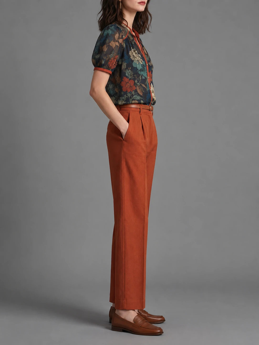 Dark Floral Sheer Blouse & Rust Wide-Leg Trousers Set
