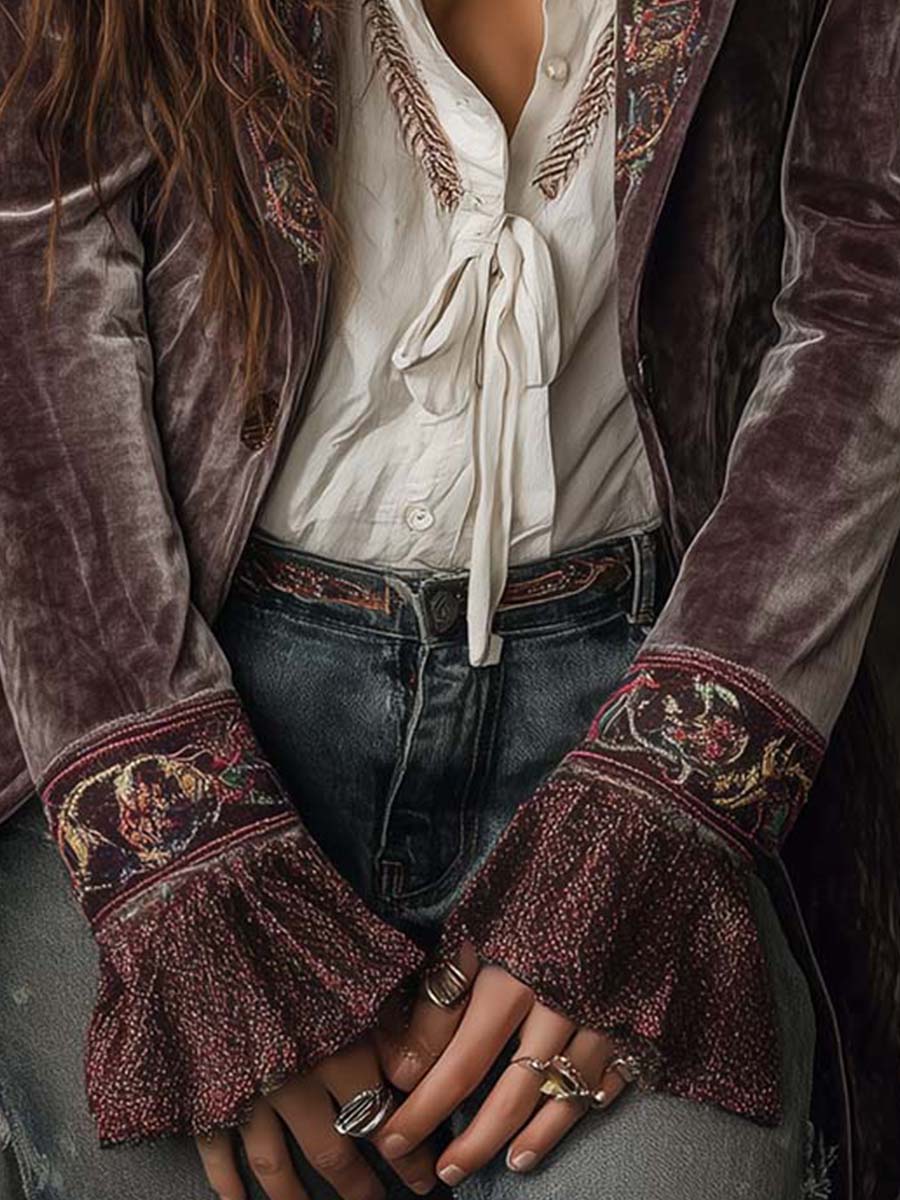 Vintage Embroidered Velvet Blazer With Flared Cuffs – Bohemian Elegance