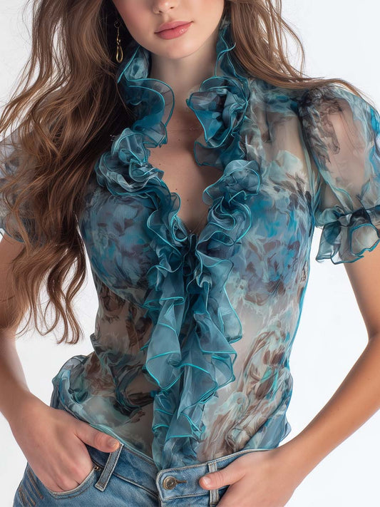 Teal Sheer Organza Ruffle Blouse
