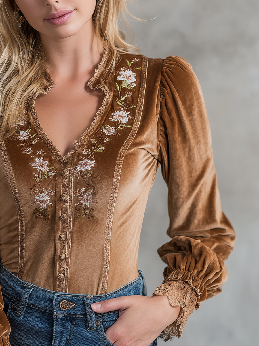 Vintage Embroidered Lace Velvet Blouse