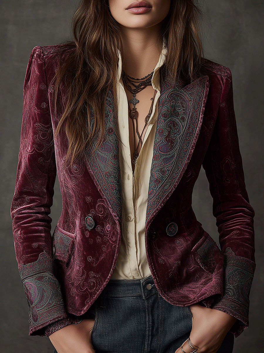 Vintage Burgundy Velvet Paisley Trim Blazer